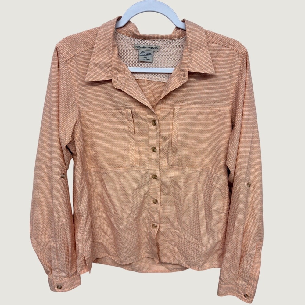 Gorpcore Hiking Button Down Shirt Long Sleeve ExOfficio Women L Orange Airflow